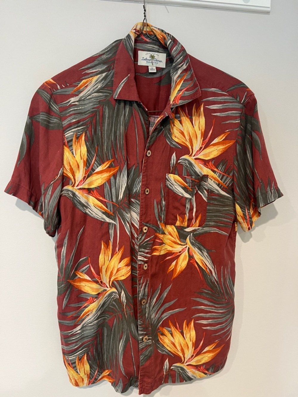 Island-Style Short-Sleeve Button-Up Shirt - Red with Yellow Floral silk